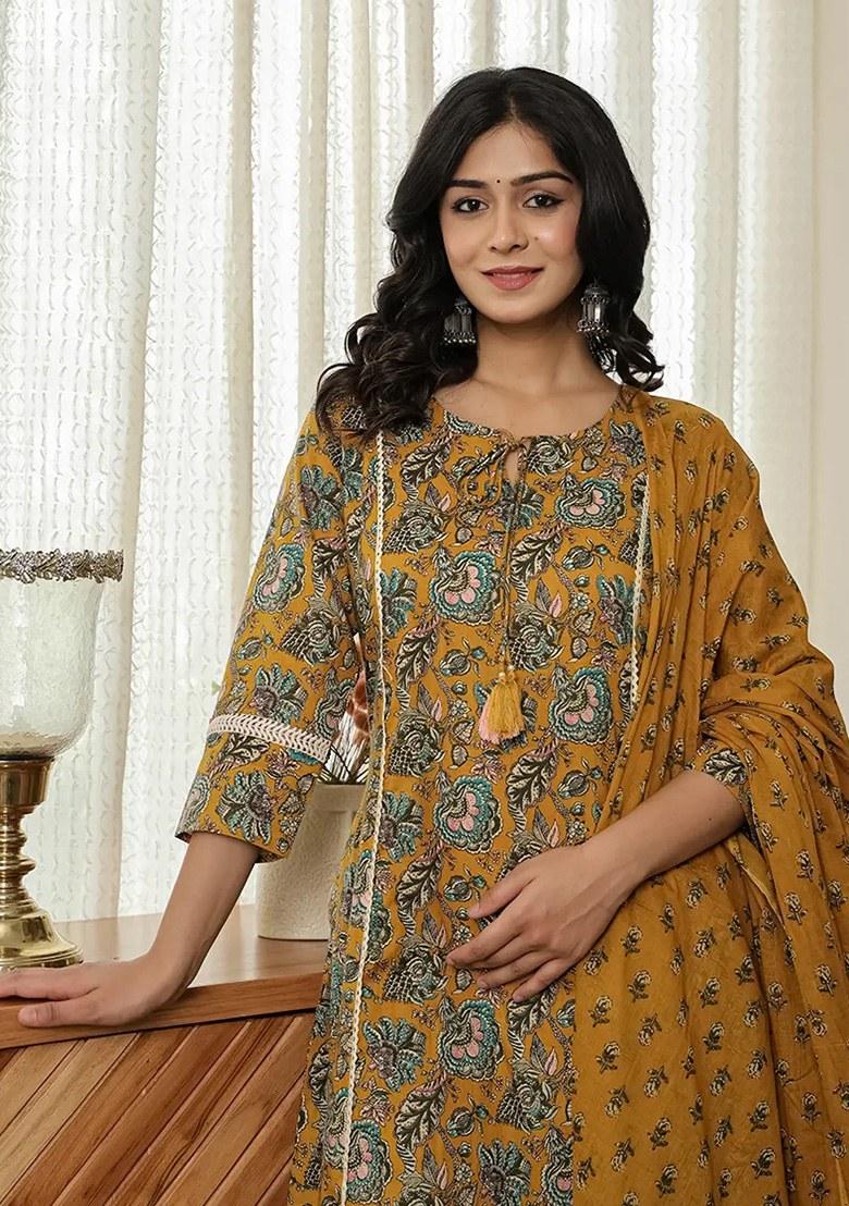 Yellow Floral Print Cotton Kurta Dupatta Set - Indya