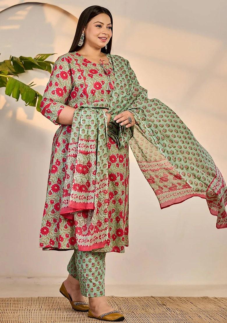 Sea Green Motif Cotton Kurta Dupatta Set - Indya