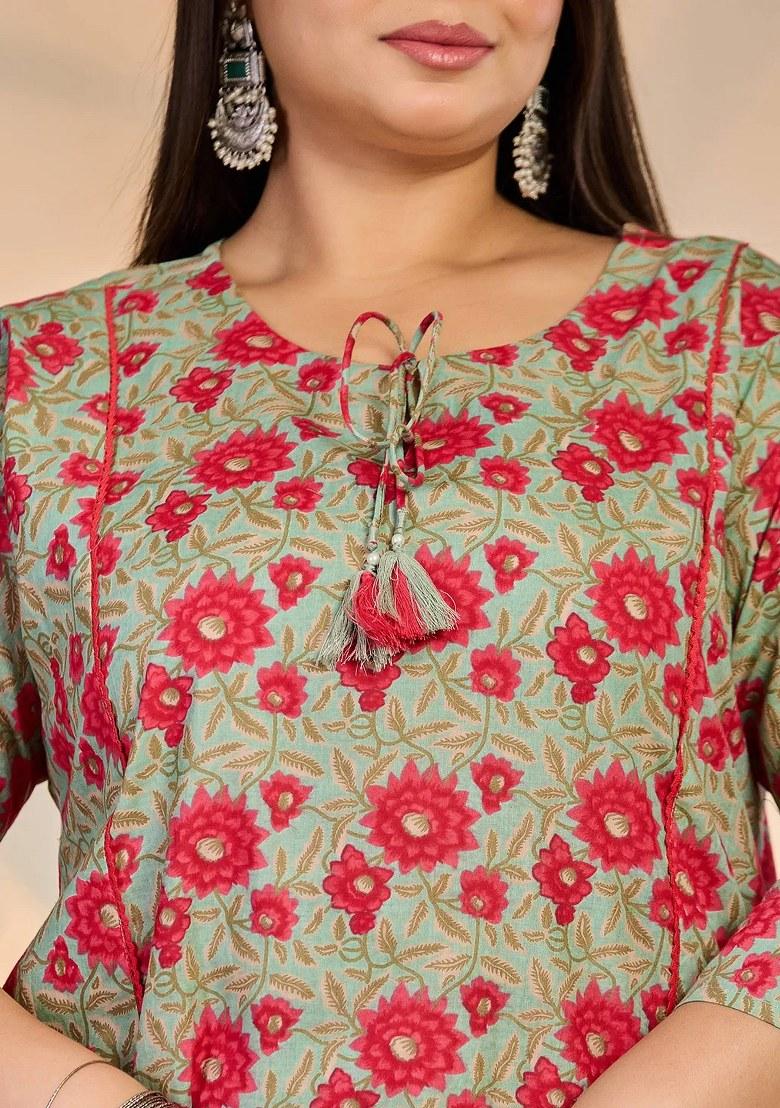 Sea Green Motif Cotton Kurta Dupatta Set - Indya