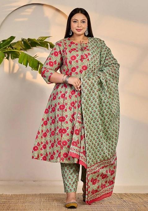 Sea Green Floral Print Cotton A Line Kurta Set — view on Indya