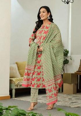 Sea Green Motif Cotton Kurta Dupatta Set