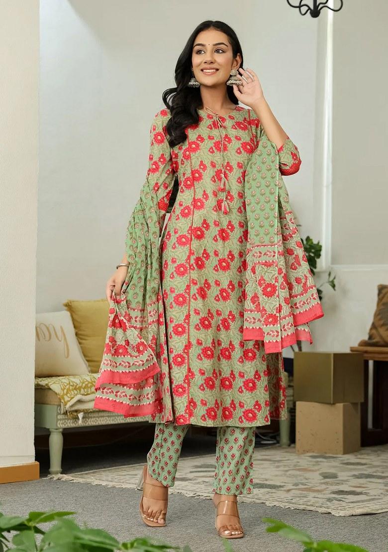 Sea Green Motif Cotton Kurta Dupatta Set - Indya