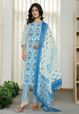 Blue Motif Cotton Kurta Dupatta Set