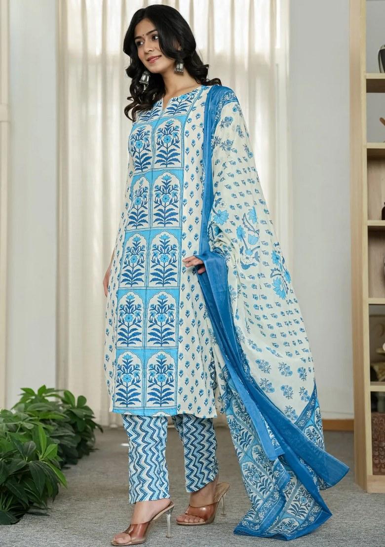 Blue Motif Cotton Kurta Dupatta Set - Indya