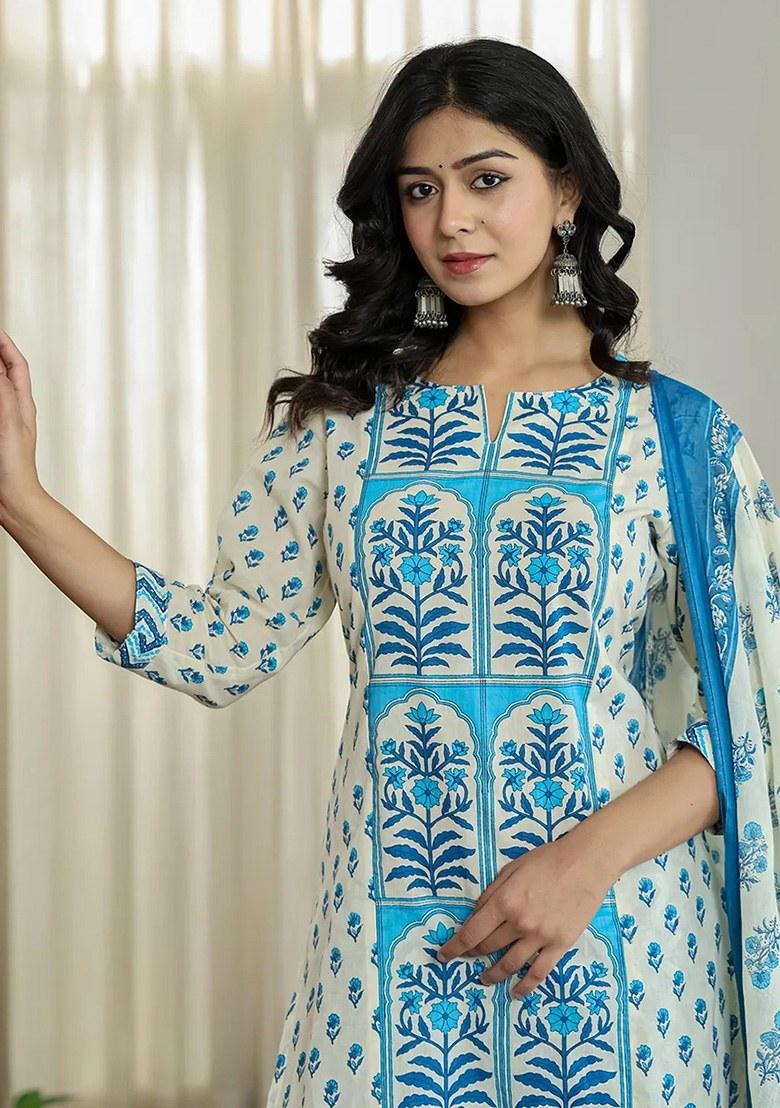 Blue Motif Cotton Kurta Dupatta Set - Indya