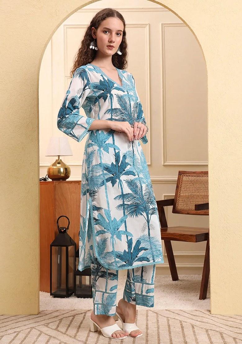 Blue Printed Cotton Kurta Set - Indya