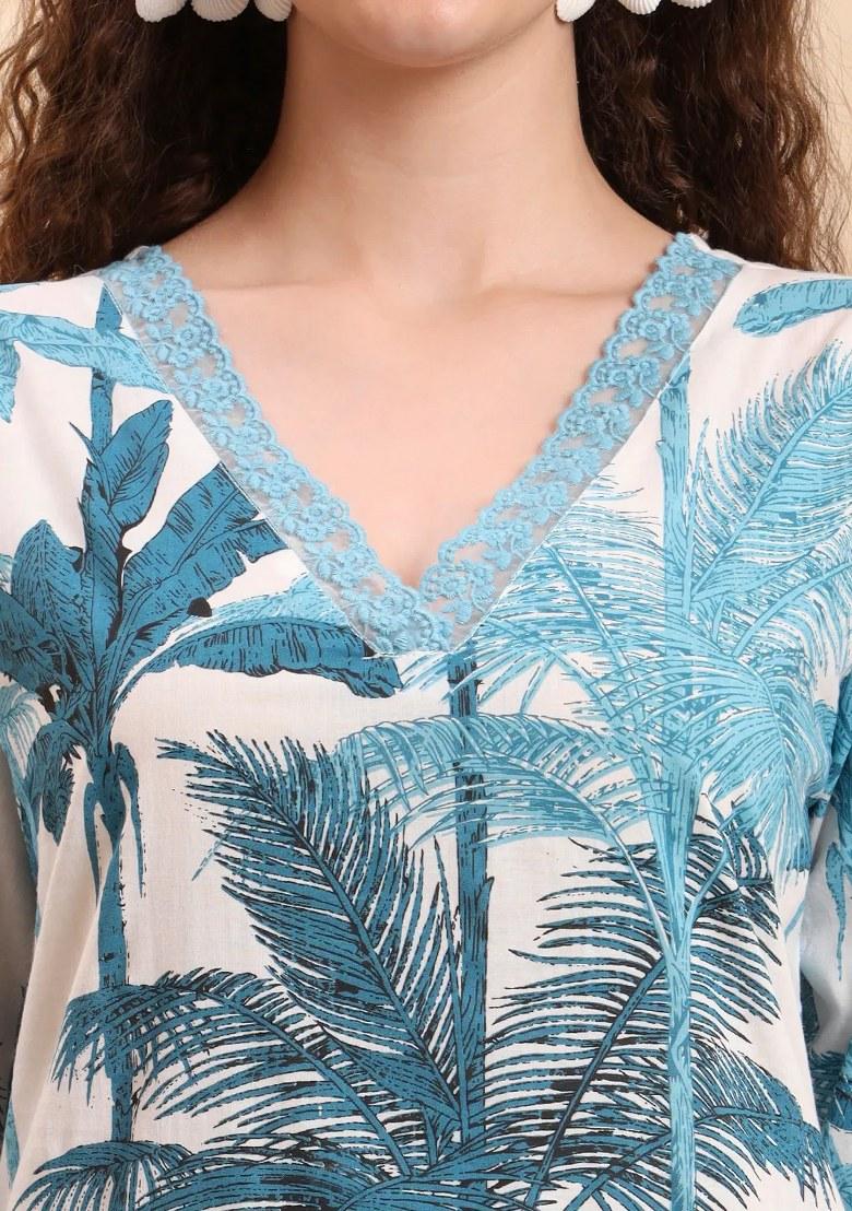 Blue Printed Cotton Kurta Set - Indya