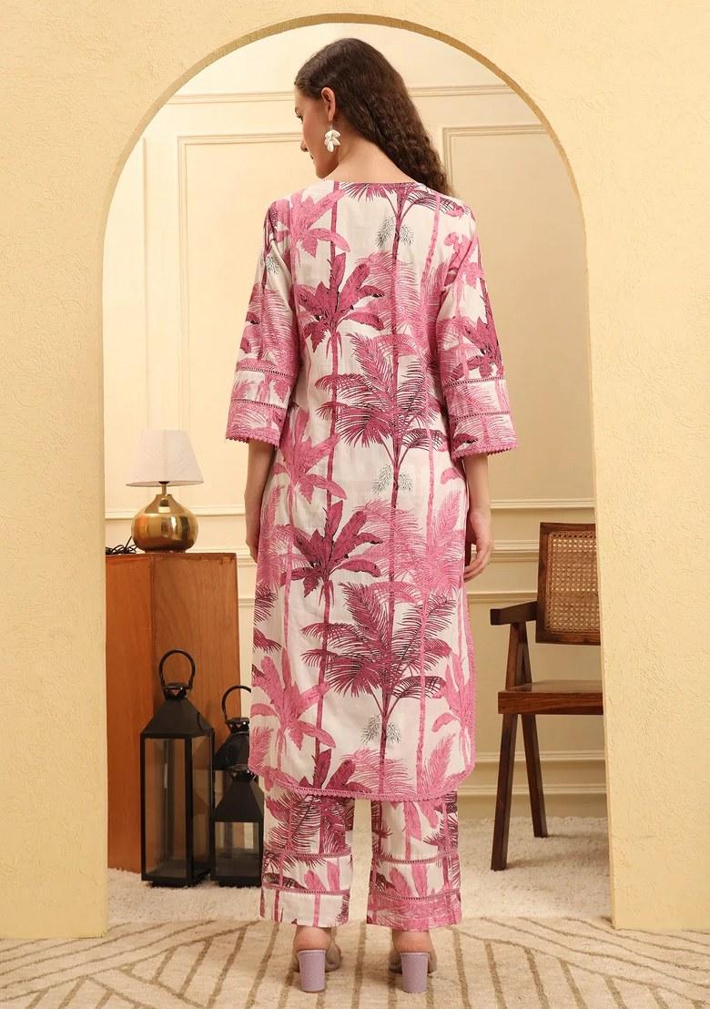 Pink Printed Cotton Kurta Set - Indya