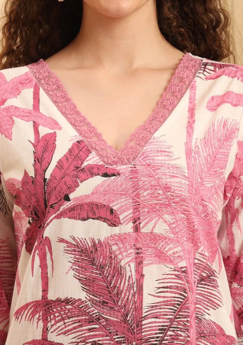 Pink Printed Cotton Kurta Set - Indya