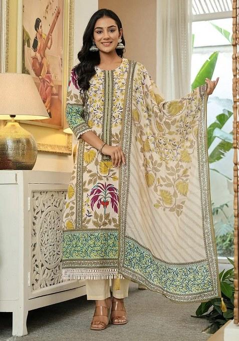Yellow Printed Cotton Kurta Dupatta Set