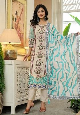 Blue Printed Cotton Kurta Dupatta Set