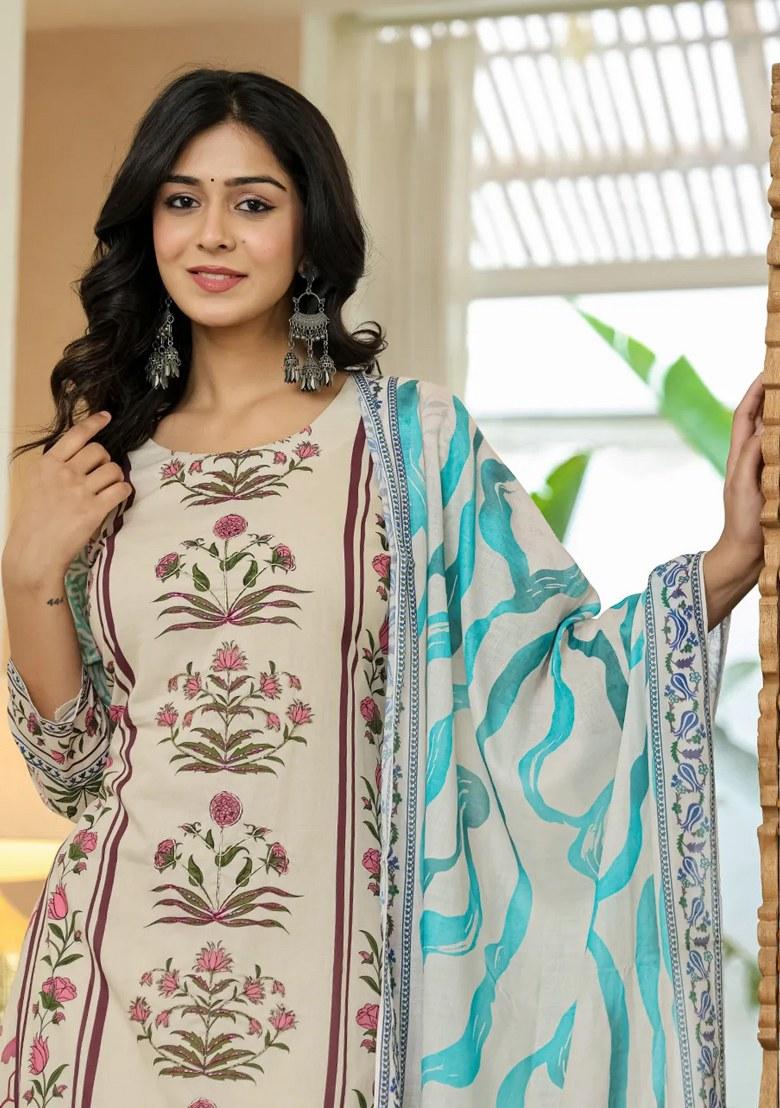 Blue Printed Cotton Kurta Dupatta Set - Indya