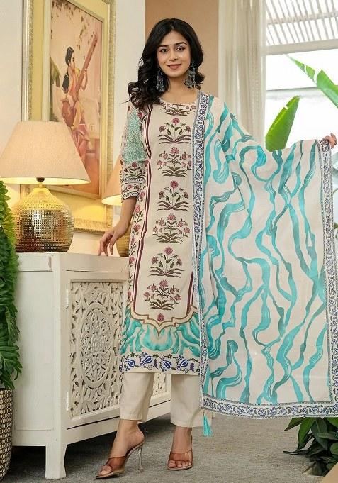 Blue Printed Cotton Kurta Dupatta Set