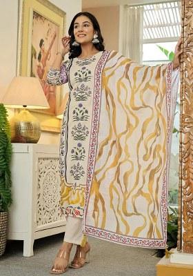 Yellow Printed Cotton Kurta Dupatta Set