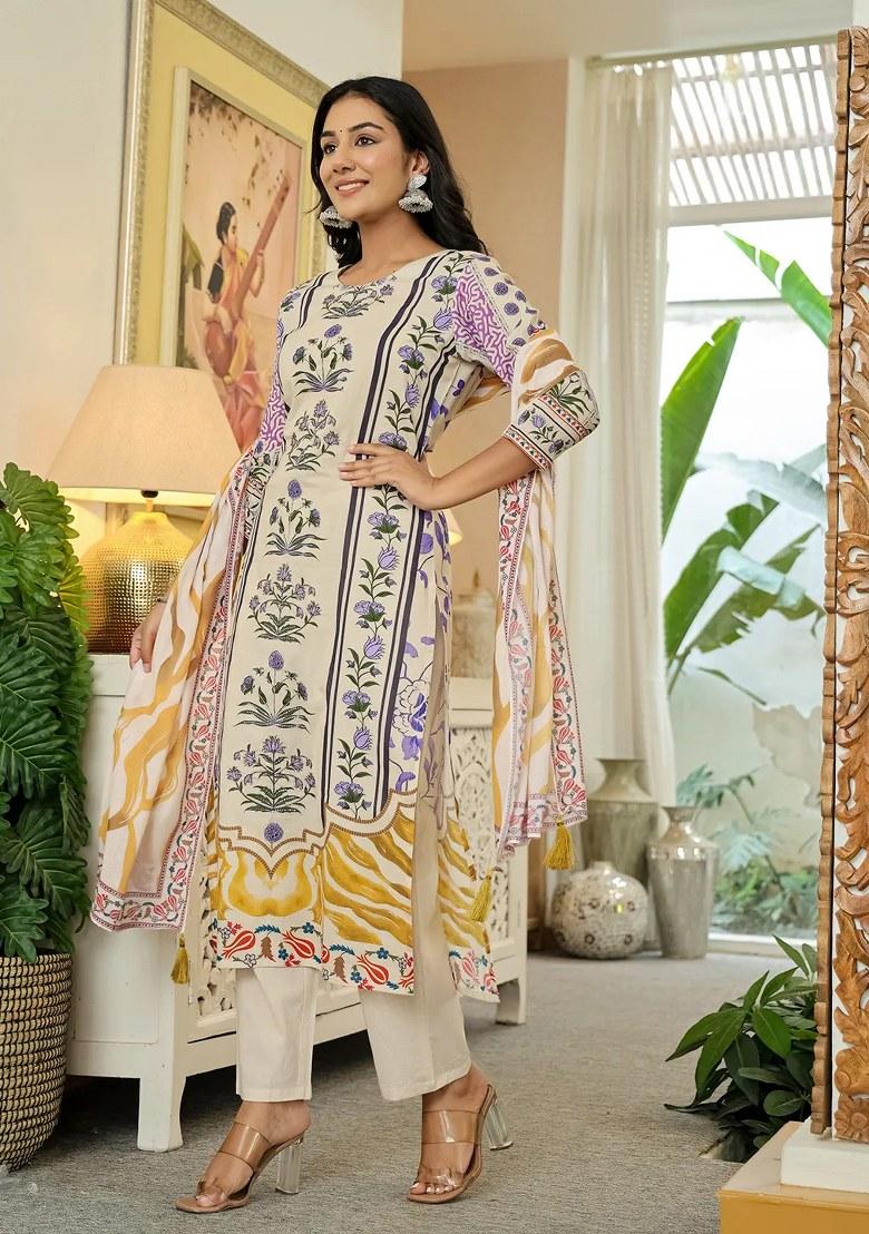 Yellow Printed Cotton Kurta Dupatta Set - Indya