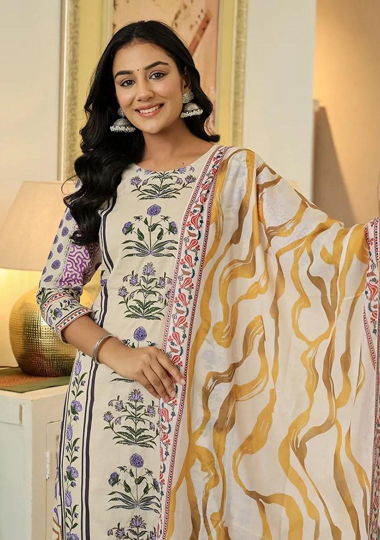 Yellow Printed Cotton Kurta Dupatta Set - Indya