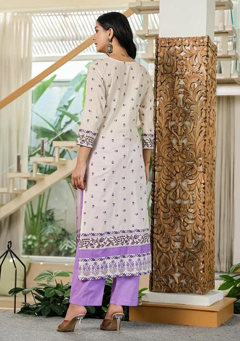 Purple Motif Cotton Kurta Dupatta Set - Indya