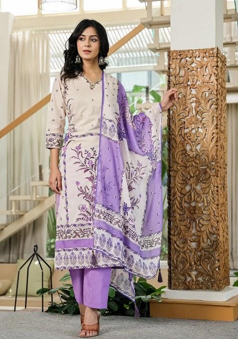 Purple Motif Cotton Kurta Dupatta Set