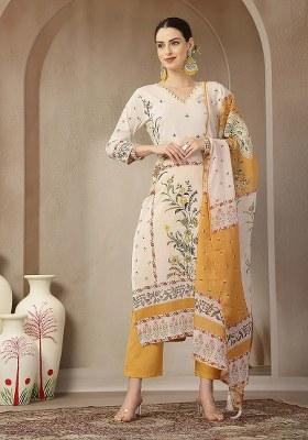 Yellow Motif Cotton Kurta Dupatta Set