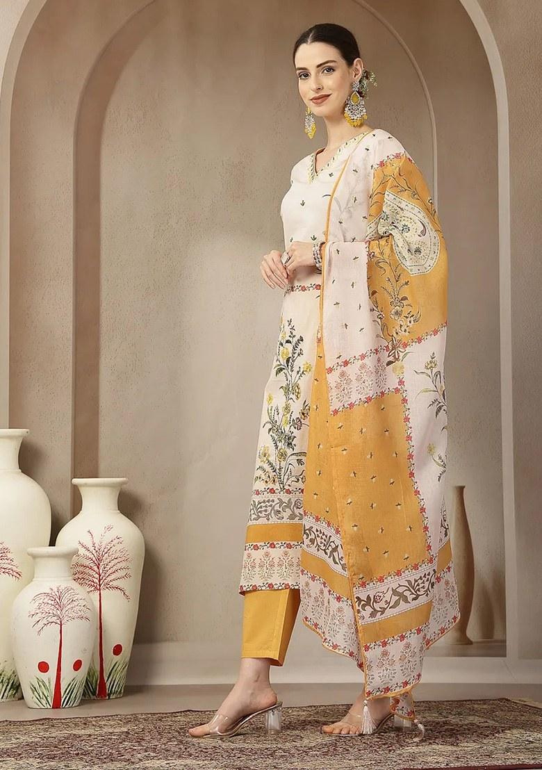 Yellow Motif Cotton Kurta Dupatta Set - Indya