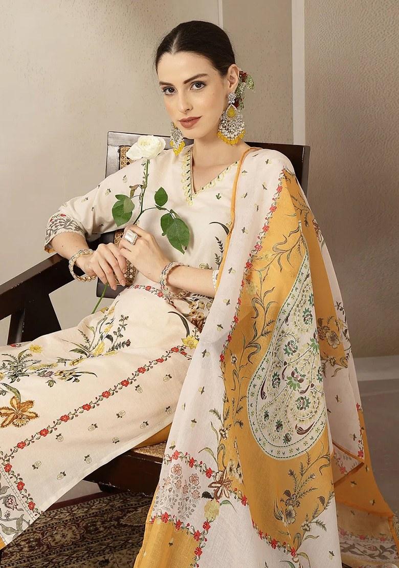 Yellow Motif Cotton Kurta Dupatta Set - Indya