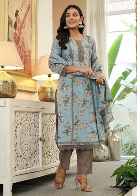 Blue Motif Cotton Kurta Dupatta Set