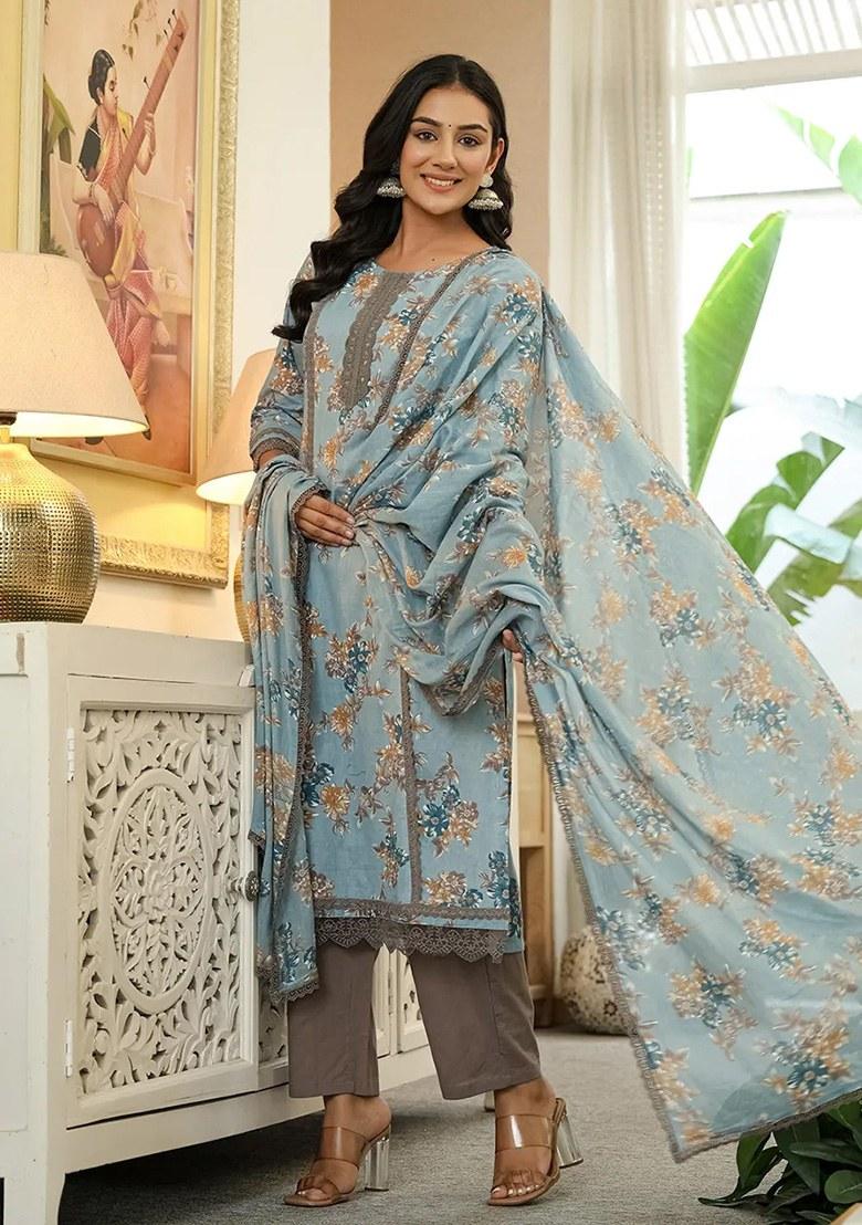 Blue Motif Cotton Kurta Dupatta Set - Indya