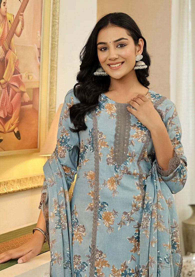 Blue Motif Cotton Kurta Dupatta Set - Indya