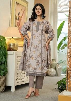Grey Motif Cotton Kurta Dupatta Set