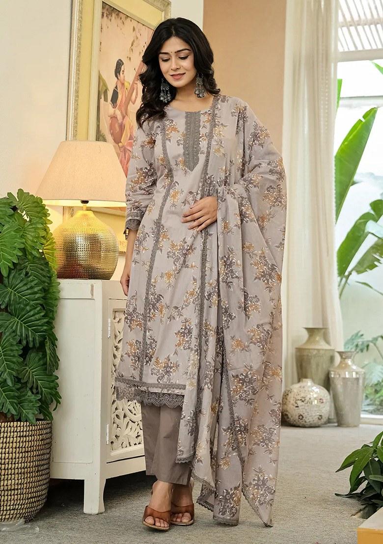 Grey Motif Cotton Kurta Dupatta Set - Indya