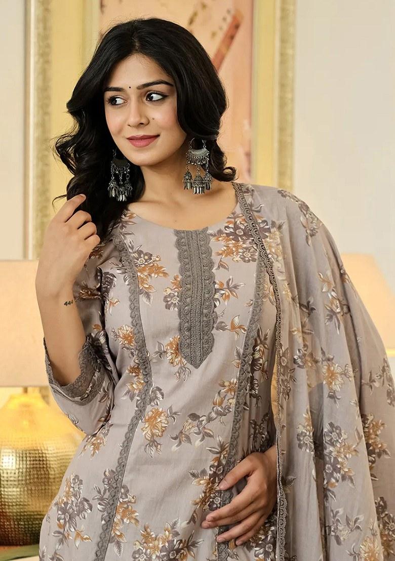 Grey Motif Cotton Kurta Dupatta Set - Indya