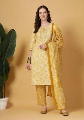 Yellow Printed Cotton Kurta Dupatta Set
