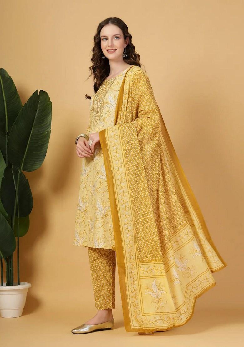 Yellow Printed Cotton Kurta Dupatta Set - Indya