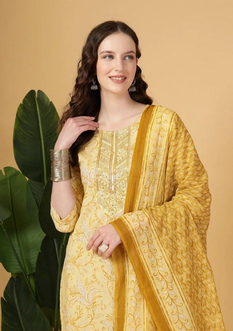Yellow Printed Cotton Kurta Dupatta Set - Indya