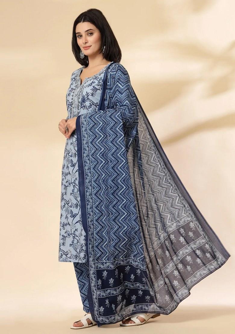 Blue Floral Print Cotton Kurta Dupatta Set - Indya