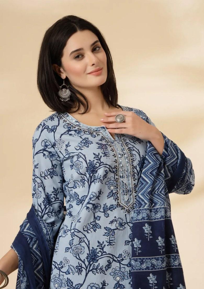 Blue Floral Print Cotton Kurta Dupatta Set - Indya