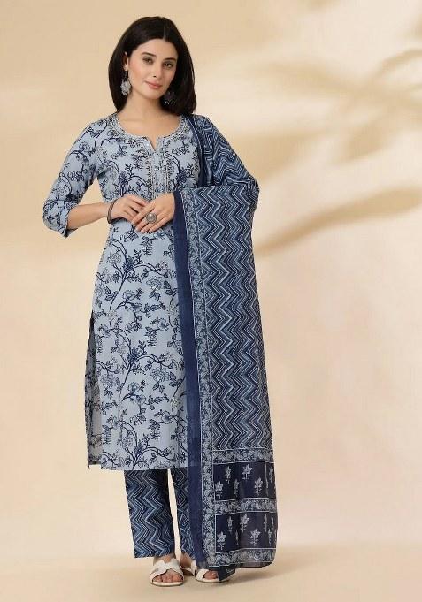 Blue Floral Print Cotton Kurta Dupatta Set