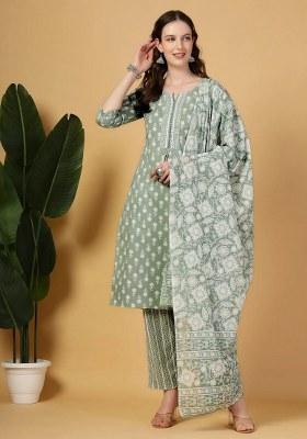 Sea Green Floral Print Cotton Kurta Dupatta Set