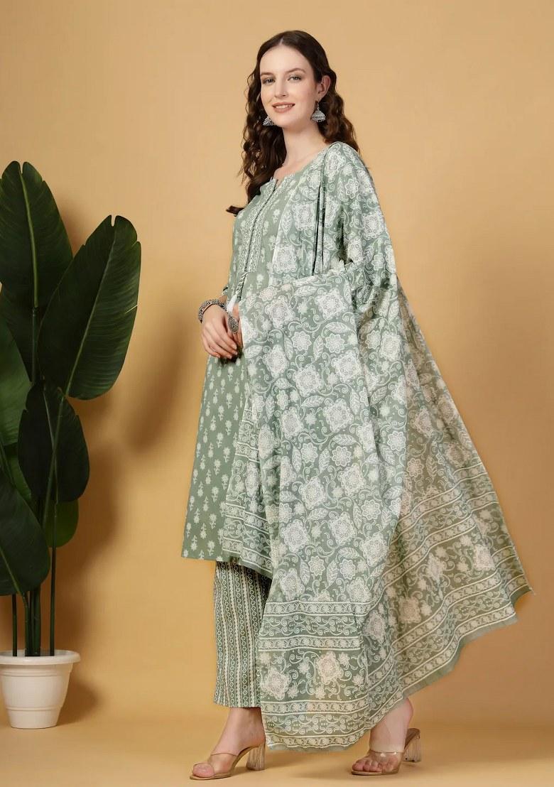 Sea Green Floral Print Cotton Kurta Dupatta Set - Indya