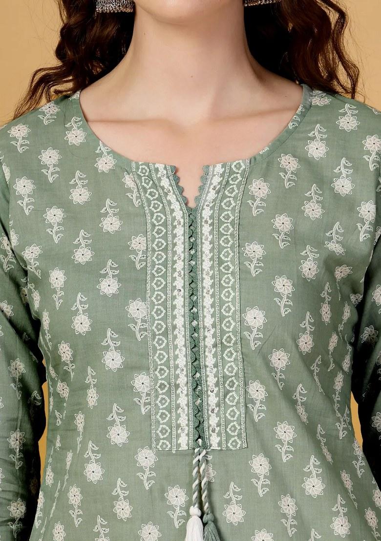 Sea Green Floral Print Cotton Kurta Dupatta Set - Indya