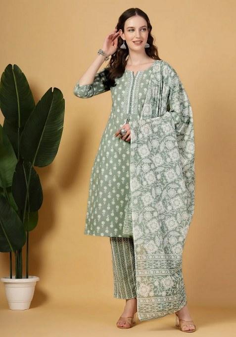 Sea Green Floral Print Cotton Kurta Dupatta Set