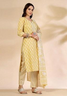 Yellow Floral Print Cotton Kurta Dupatta Set