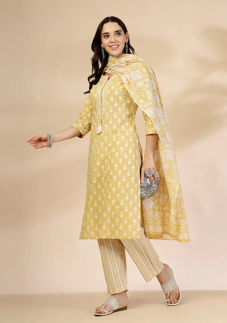 Yellow Floral Print Cotton Kurta Dupatta Set - Indya