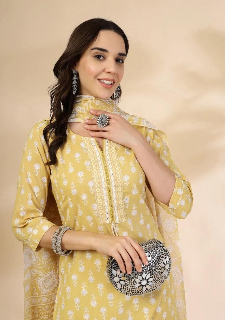 Yellow Floral Print Cotton Kurta Dupatta Set - Indya