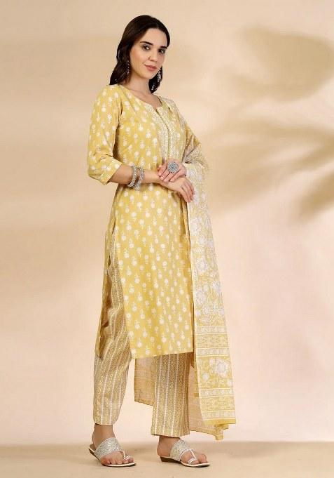 Yellow Floral Print Cotton Kurta Dupatta Set