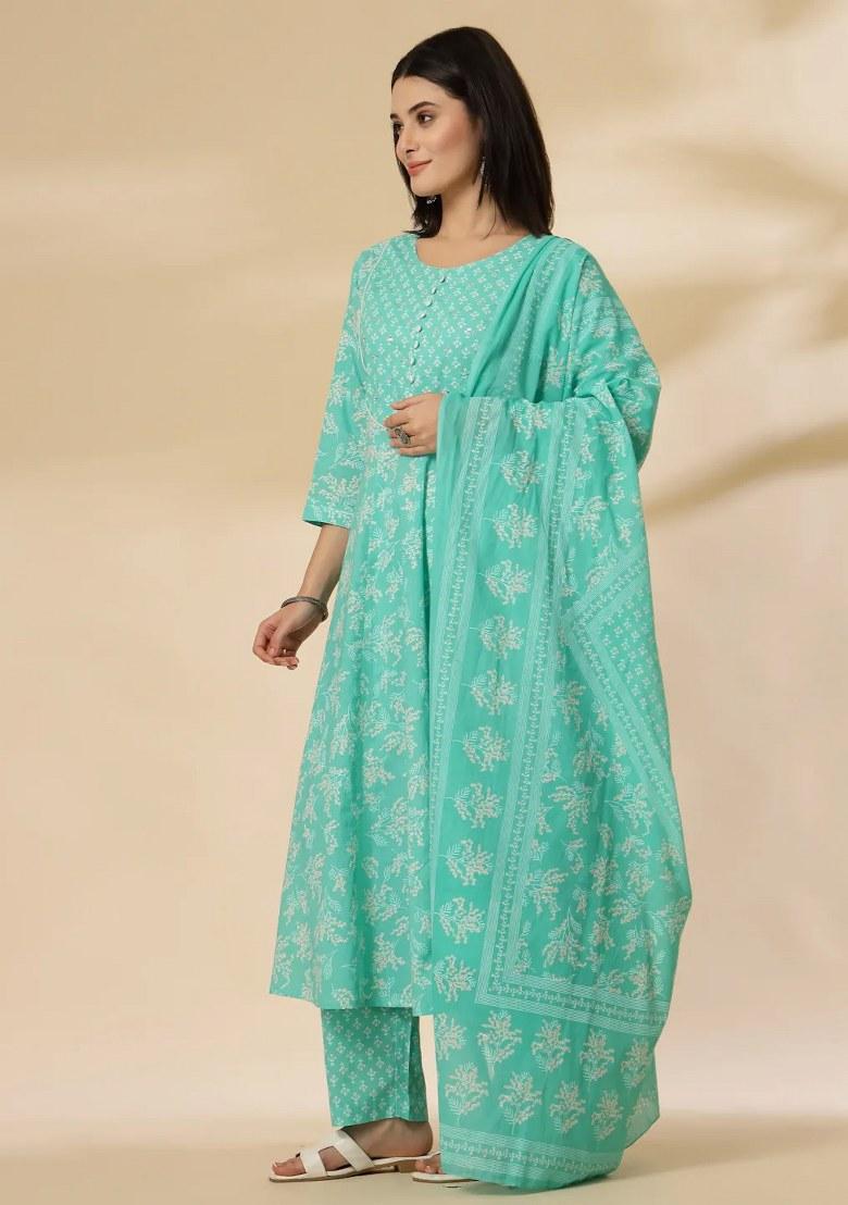 Sea Green Motif Cotton Kurta Dupatta Set - Indya