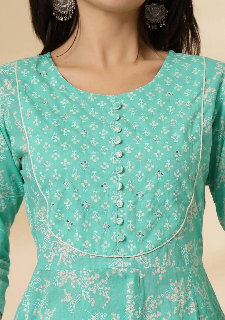 Sea Green Motif Cotton Kurta Dupatta Set - Indya