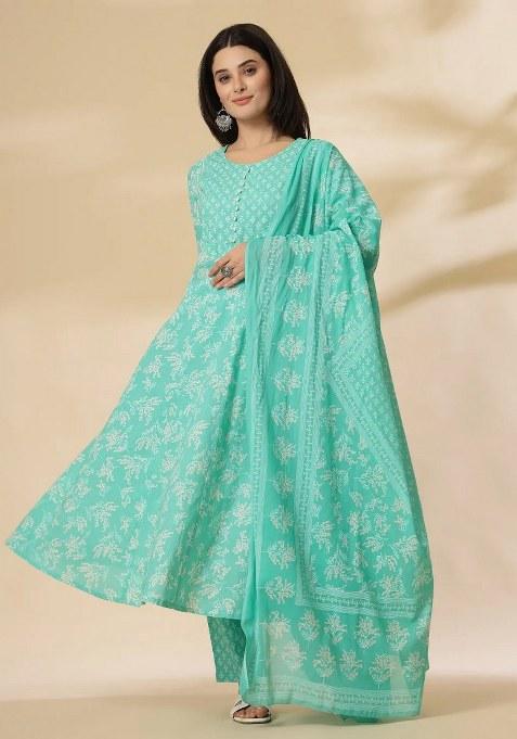 Sea Green Motif Cotton Kurta Dupatta Set