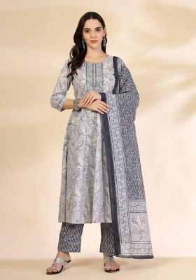 Grey Motif Cotton Kurta Dupatta Set