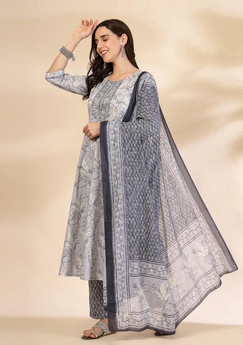 Grey Motif Cotton Kurta Dupatta Set - Indya